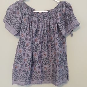 ANN TAYLOR LOFT Blue Floral Boho Off the Shoulder Blouse Top Size Small Petite